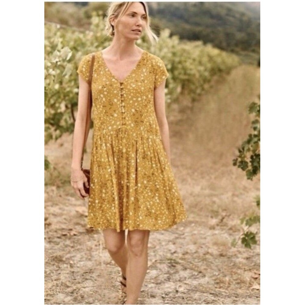 Garnet Hill Marina Crepe Dress Sz Medium Mustard Yellow Floral Boho Cottagecore